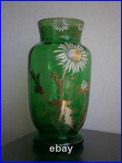 Vase 1900 Verre émaillé St Legras décor Floral Art Nouveau Vert Ancien