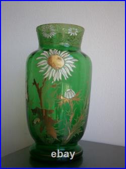 Vase 1900 Verre émaillé St Legras décor Floral Art Nouveau Vert Ancien