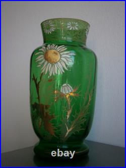 Vase 1900 Verre émaillé St Legras décor Floral Art Nouveau Vert Ancien