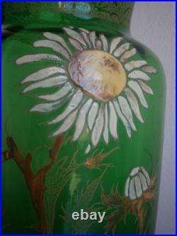 Vase 1900 Verre émaillé St Legras décor Floral Art Nouveau Vert Ancien