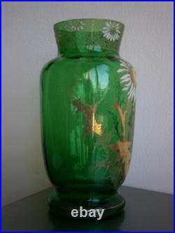Vase 1900 Verre émaillé St Legras décor Floral Art Nouveau Vert Ancien