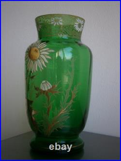Vase 1900 Verre émaillé St Legras décor Floral Art Nouveau Vert Ancien