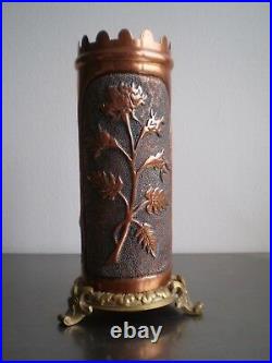 Vase Sculpte Decor Dlg Japon Monture Bronze Ancien 14-18 Art Tranchee Ww1