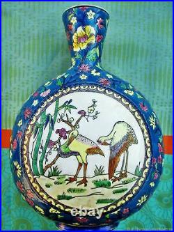 Vase ancien Oiseaux émail faïence Art Nouveau France Antique Vase Oiseaux Enamel
