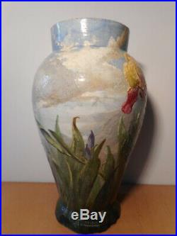 Vase ancien faience art nouveau fleur iris Théodore LEFRONT fin 19 siècle